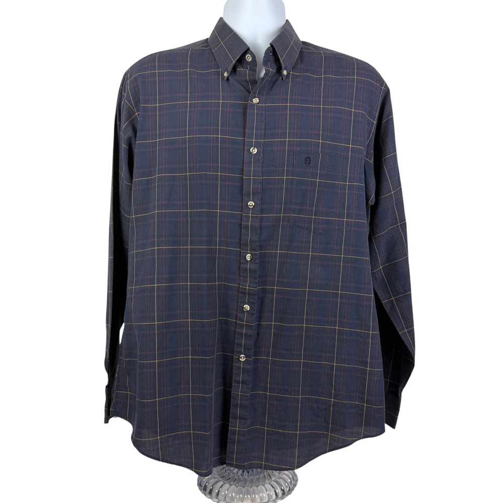 Etienne Aigner Men's 16.5 34/35‎ Navy Blue Plaid Long Sleeve Button Down Shirt